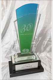 Crystal Double glass award. 30th Branding. colour Print and sandblasted