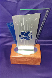 Glass and metal awards, layered.