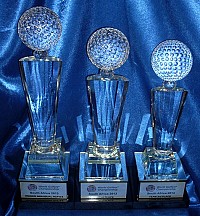 Crystal golf ball on a fluted plinth for World Golf