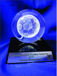 Lasered Soccer ball on a base
