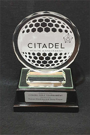 Crystal round golf award, sandblasted and then painted silver